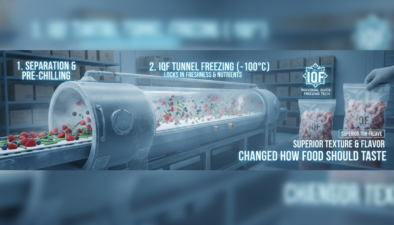 What Is IQF? Step 1: Separation and pre chilling, 2: iqf tunnel freezing 3. packing. The Freezing Tech That Changed How Food Should Taste | FRUT