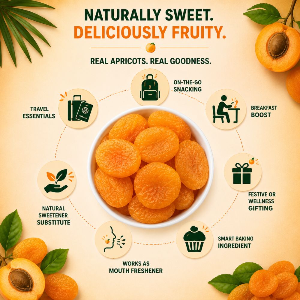 Usage of dried apricot. it can be used as travel essentials, on-the-go snacking, breakfast boost, festive gifting, natural sweetener substitute, and mouth freshener.