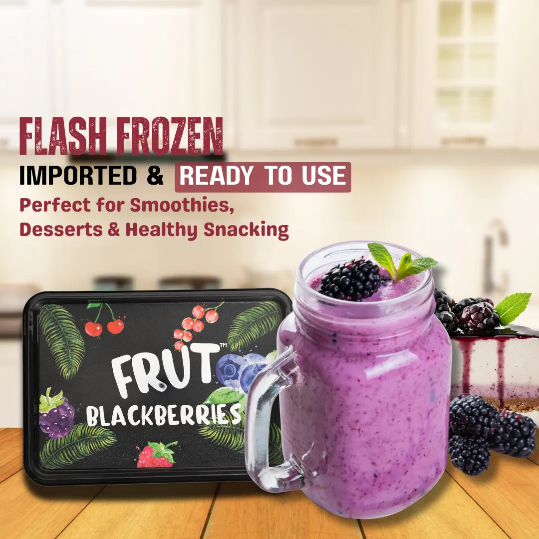 FRUT Frozen Blackberries with purple smoothie and cheesecake — perfect frozen berries for smoothies, desserts, and healthy snacking.