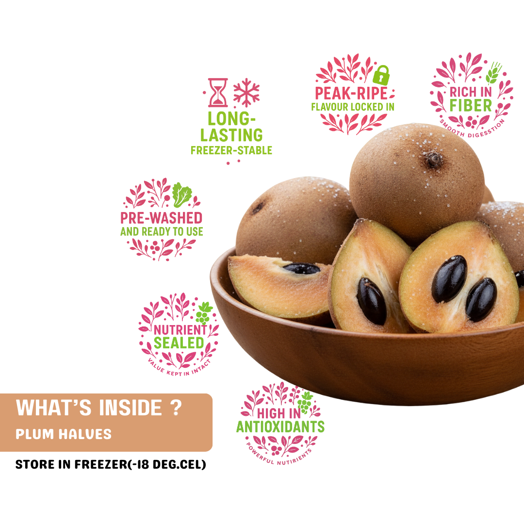 Wooden bowl with chickoo halves and health benefits text on a white background rich in fiber, peak ripe falvour locked in, no prep, no waste, silky smooth consistency, and nutrient sealed.