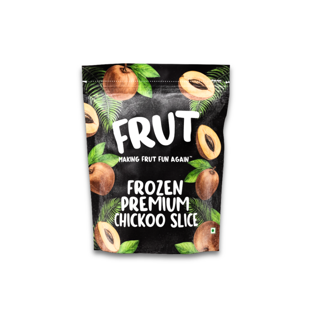 Packaging of FRUT frozen premium chickoo slices on a white background