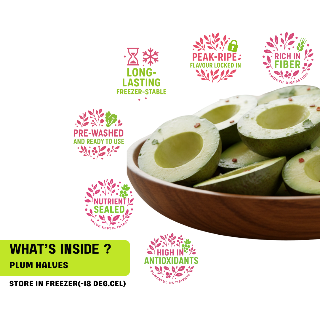 Plum halves in a wooden bowl with health benefits text on a white background. rich in fibre, peak ripe flavour locked in, no prep, no waste, silky smooth consistency, and nutrient sealed.