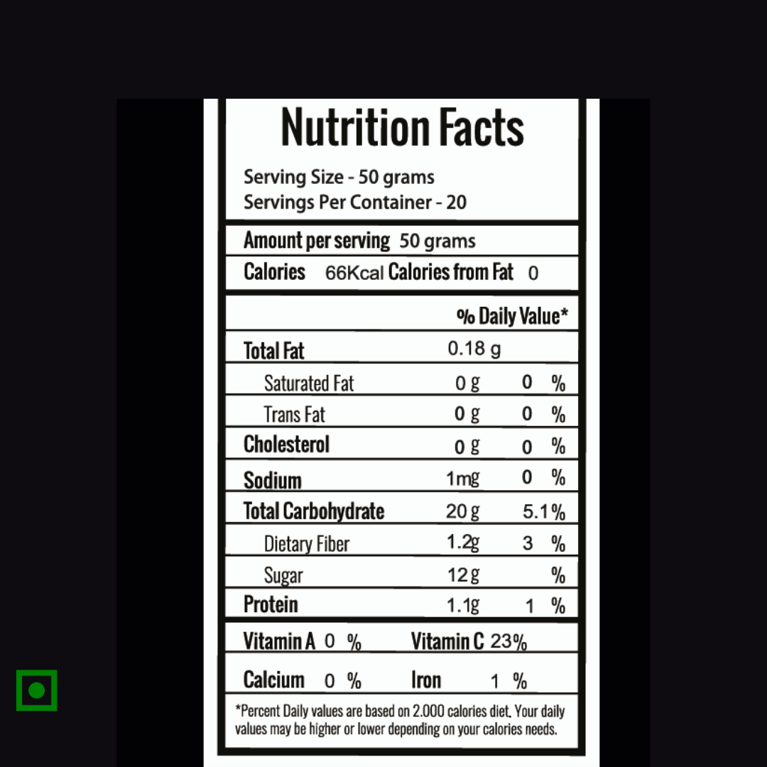 Nutrition facts label on a black background showing calories_fiber_natural sugar content_vitaminC_and serving information