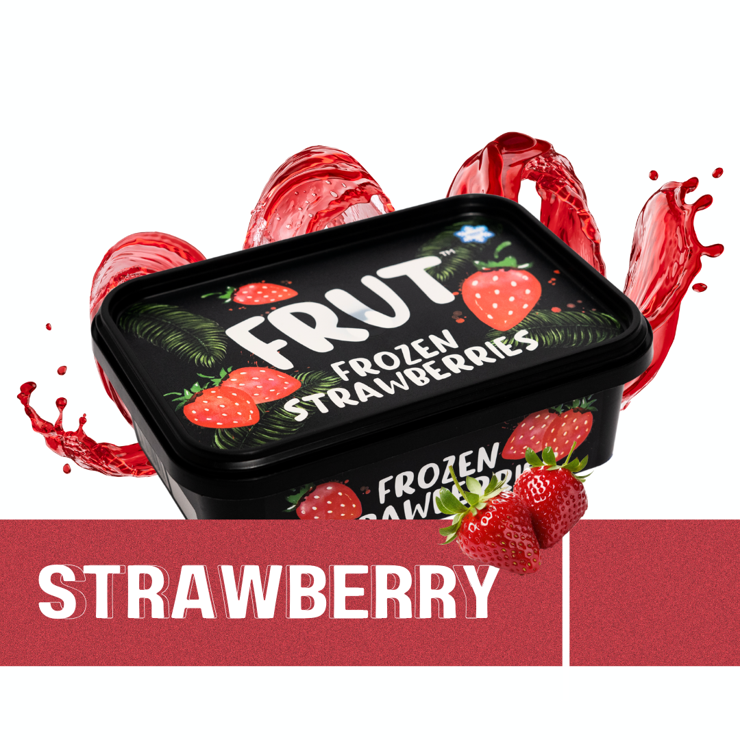 Frozen strawberry product packaging with 'FRUT' branding and red strawberry graphics.