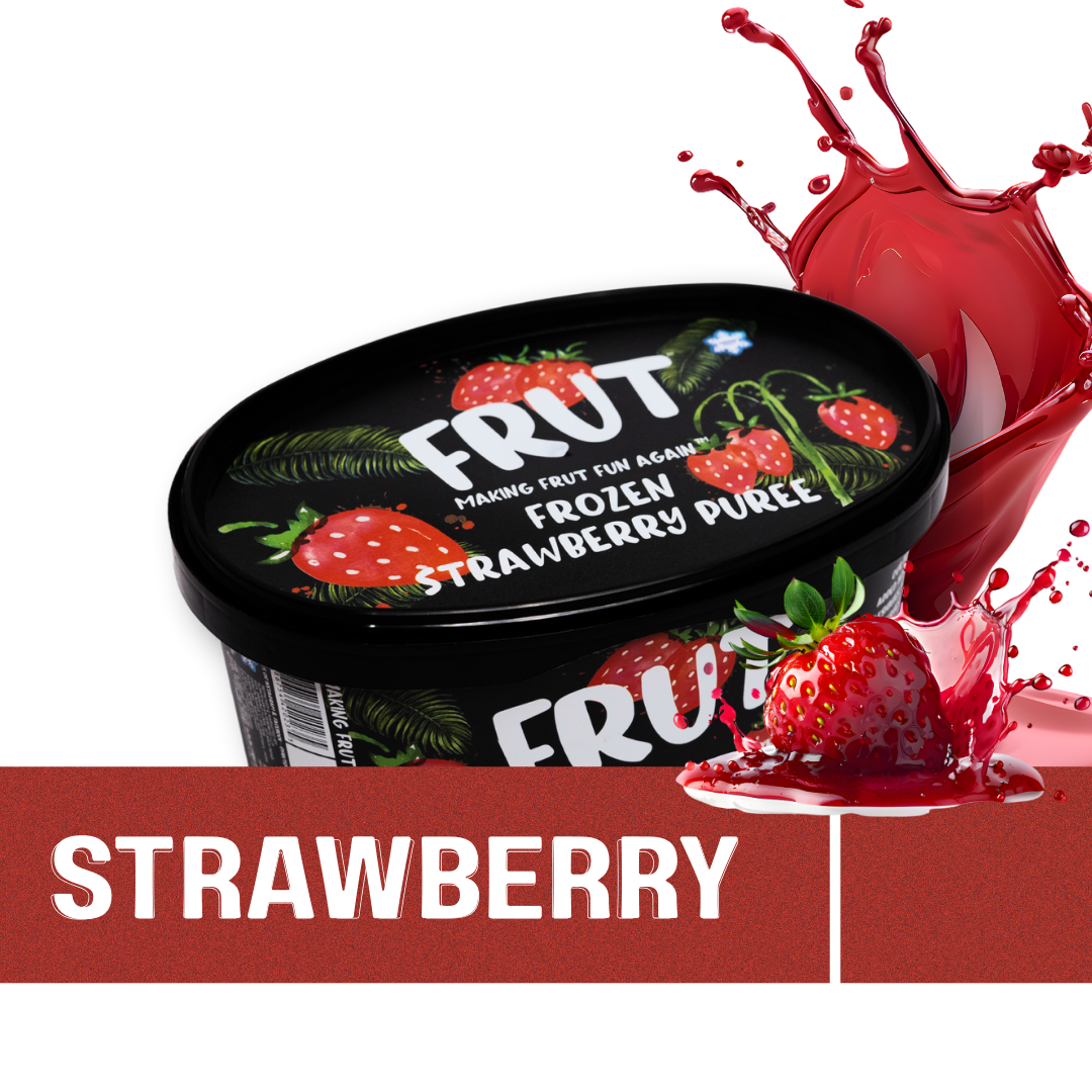 Frozen strawberry puree with health benefits labels on a white background and strawberry splash behind