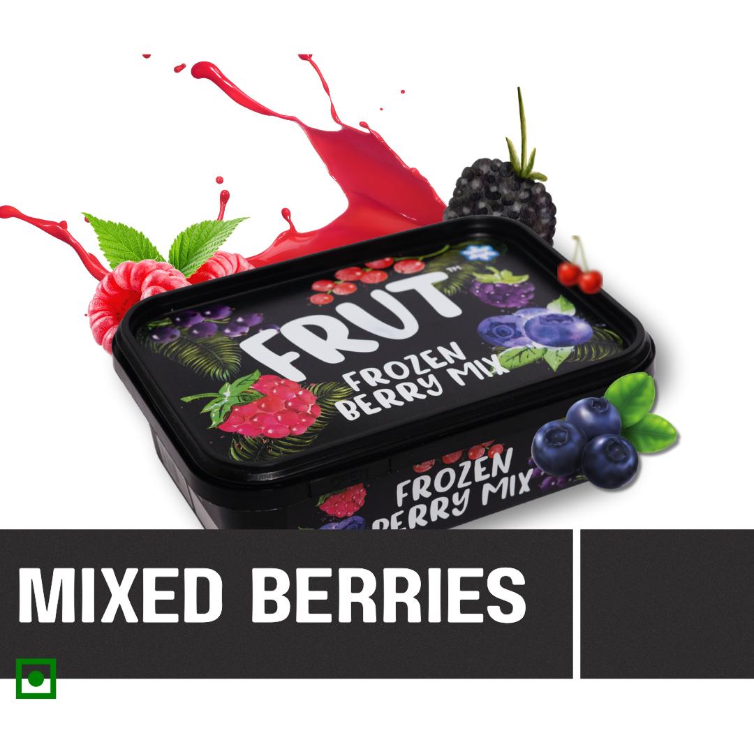 FRUT Mixed Berries – frozen berry mix with blueberries, raspberries, blackberries, and cherries in premium packaging, ideal for smoothies and healthy recipes