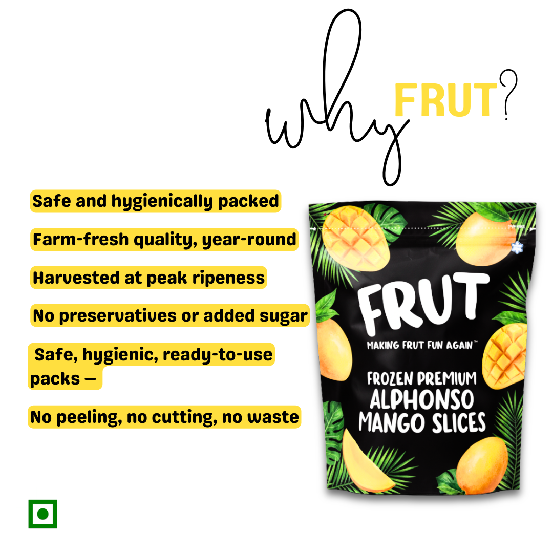 FRUT frozen alohonso mango slices packaging with text highlighting benefits. Always ready, always consistent. 100% real fruit, long shelf life, zero compromsie on taste, no preservatives, no added sugar, and no artificial coloring