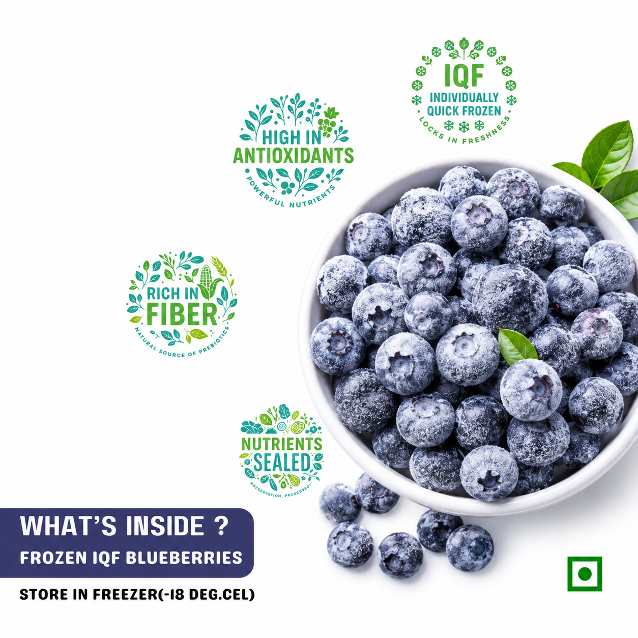 FRUT imported iqf Frozen Blueberries rich in antioxidants, high fiber and sealed nutrients – pre-washed and ready to use