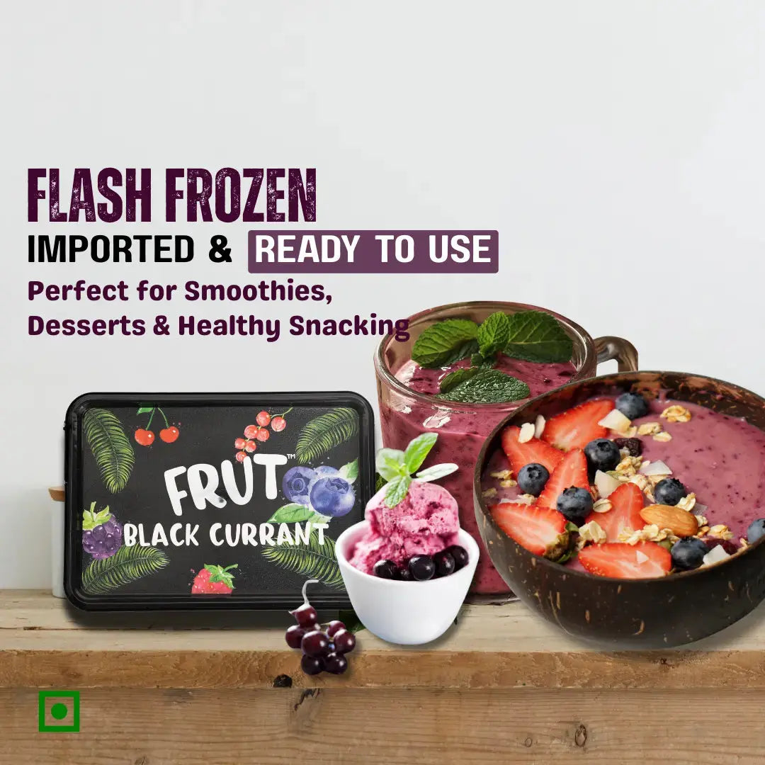FRUT Black Currant — flash frozen, imported, and ready to use perfect for making smoothie bowls, desserts, ice creams, and healthy snacks. recipes