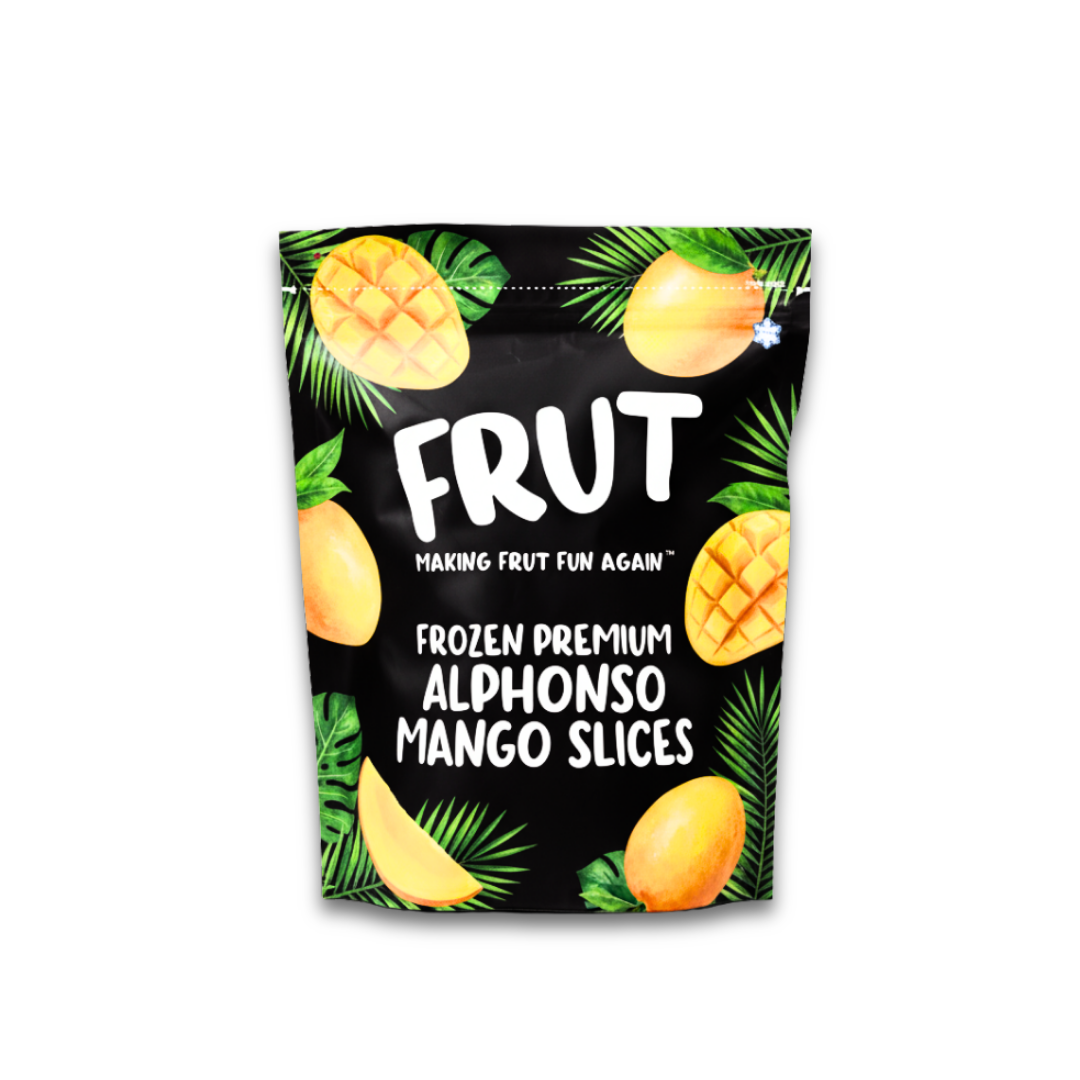 Packaging of FRUT frozen premium Alphonso mango slices 1kg on a white background