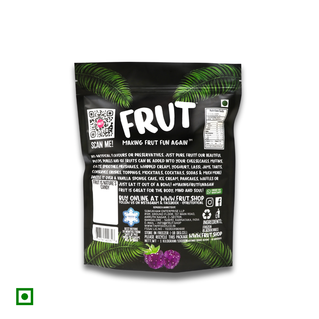 FRUT Frozen Blackberries back of pack with nutritional facts, ingredients, and QR for online purchase.