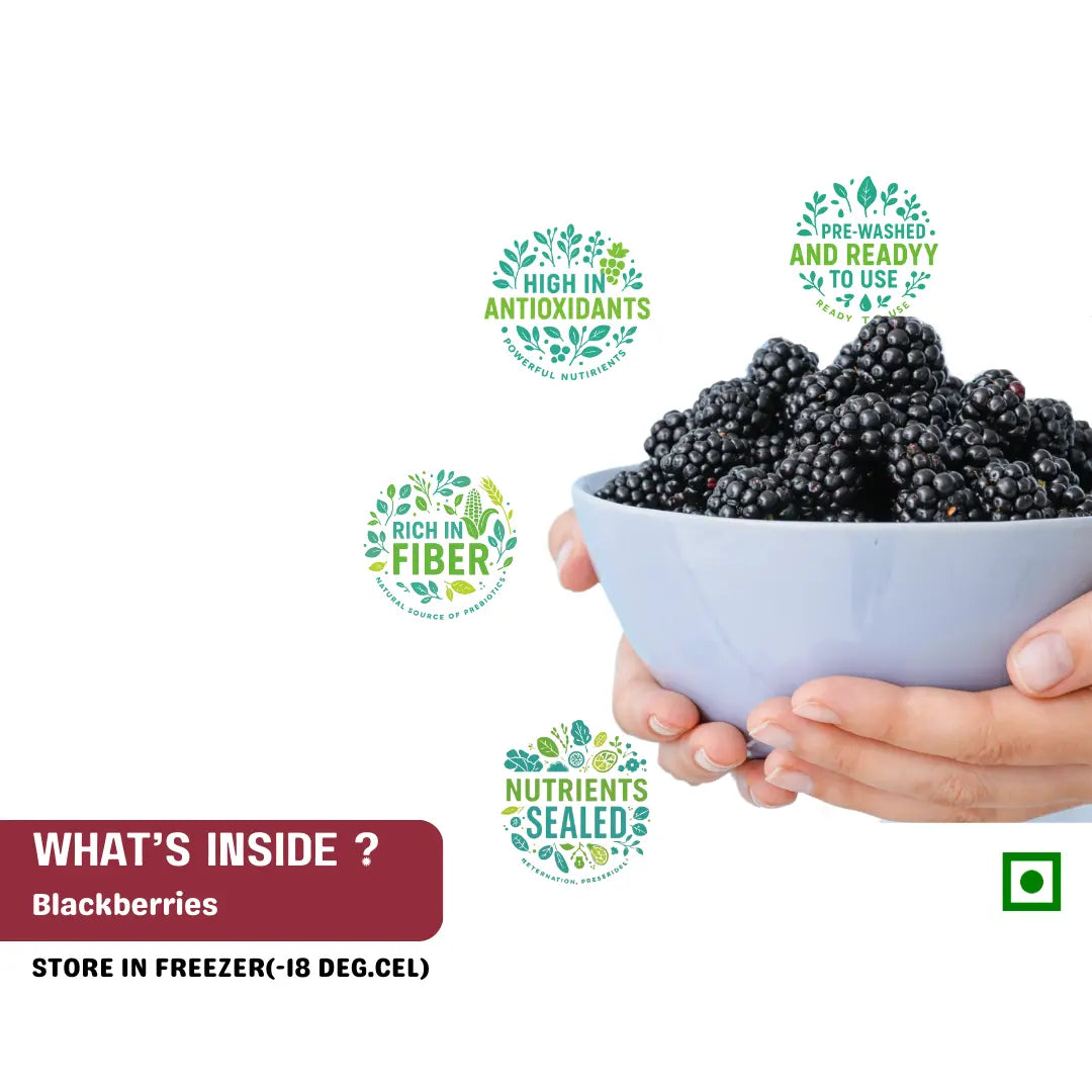 Bowl of FRUT Frozen Blackberries high in fiber and antioxidants, pre-washed and ready to use.