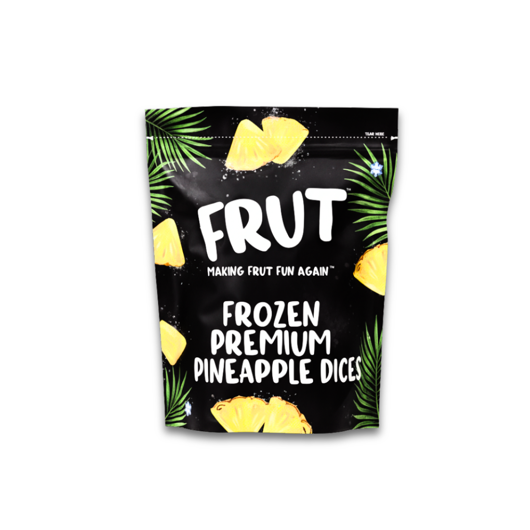 Packaging of Frozen Premium Pineapple Dices by Frut on a white background