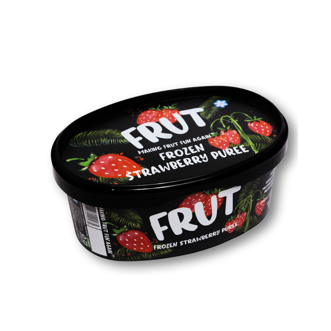 Container of FRUT frozen strawberry puree 1kg on a white background