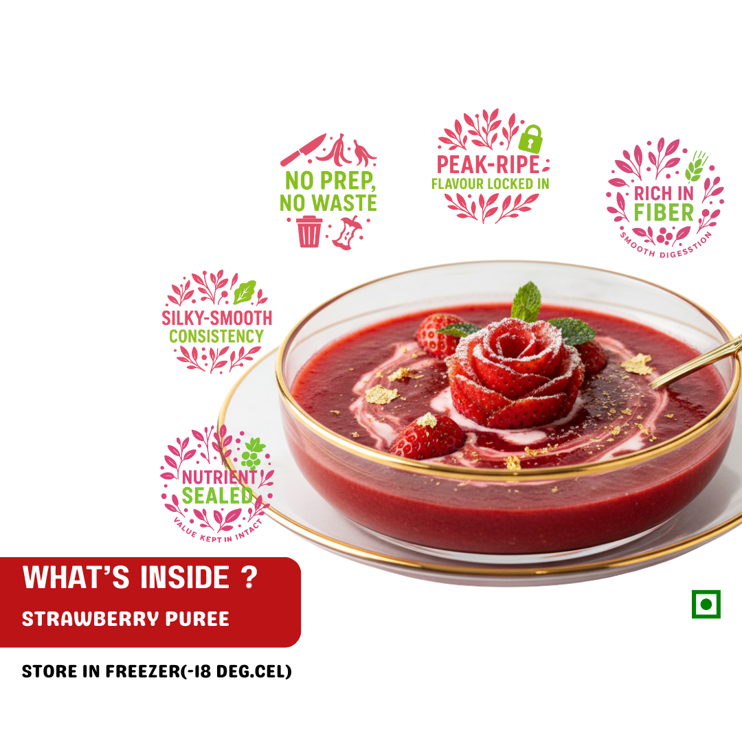 Nutrition facts label with black text on a white background. FRUT frozen strawberry puree is rich in fiber, peak ripe falvour locked in, no prep no waste, silky smooth consisitency, and nutrient sealed.