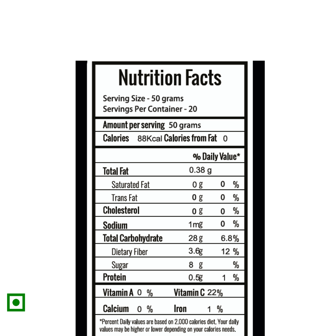 Frut Frozen Cranberries nutrition facts — 88 kcal per 50g, rich in fiber and vitamin C, zero cholesterol, no trans fat or artificial coloring