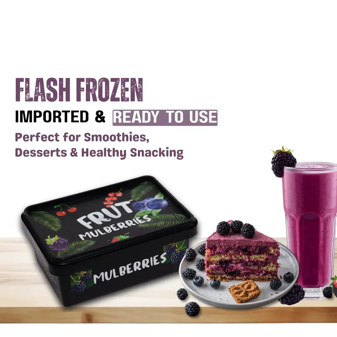 FRUT mulberries — flash frozen, imported, and ready to use; perfect for making smoothie bowls, desserts, ice creams, and healthy snacks.