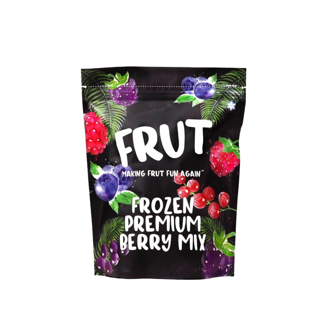 Frut Frozen Premium Berry Mix – front pack with blueberries, raspberries, and currants on black packaging