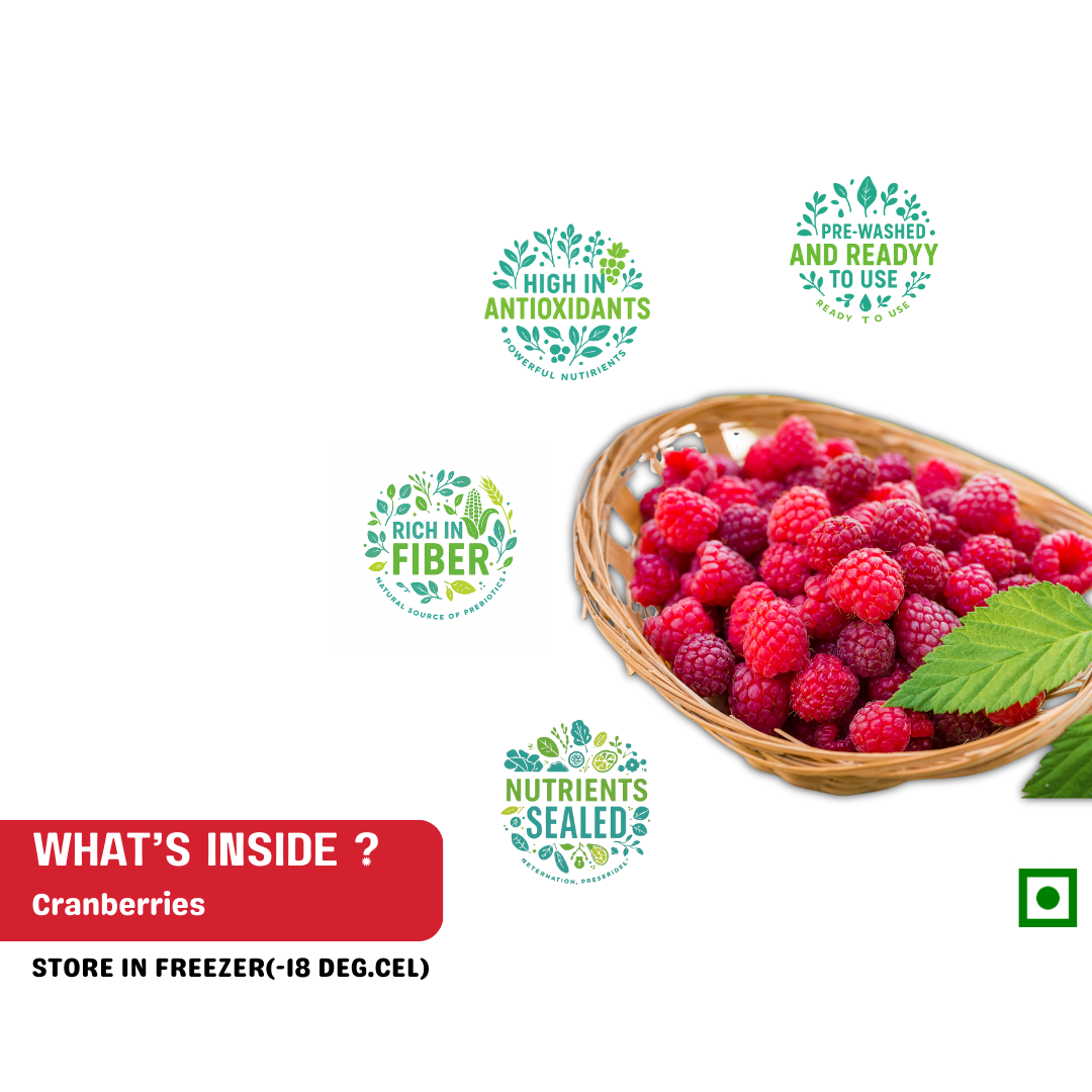 High-fiber, antioxidant-rich frozen cranberries — pre-washed, ready to use, nutrients sealed for freshness.