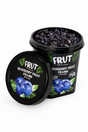 blueberry fruit filling with its lid placed beside it on a clean white background. The black tub is labeled 'FRUT Blueberry Fruit Filling' with blueberry illustrations, and the open top shows the dark blueberry filling inside.