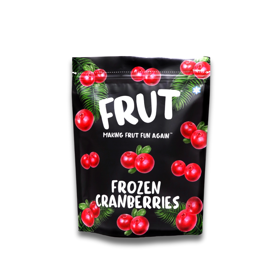 Frut Frozen Cranberries pack — pure, preservative-free frozen fruit with rich red cranberries and the tagline “Making Fruit Fun Again”