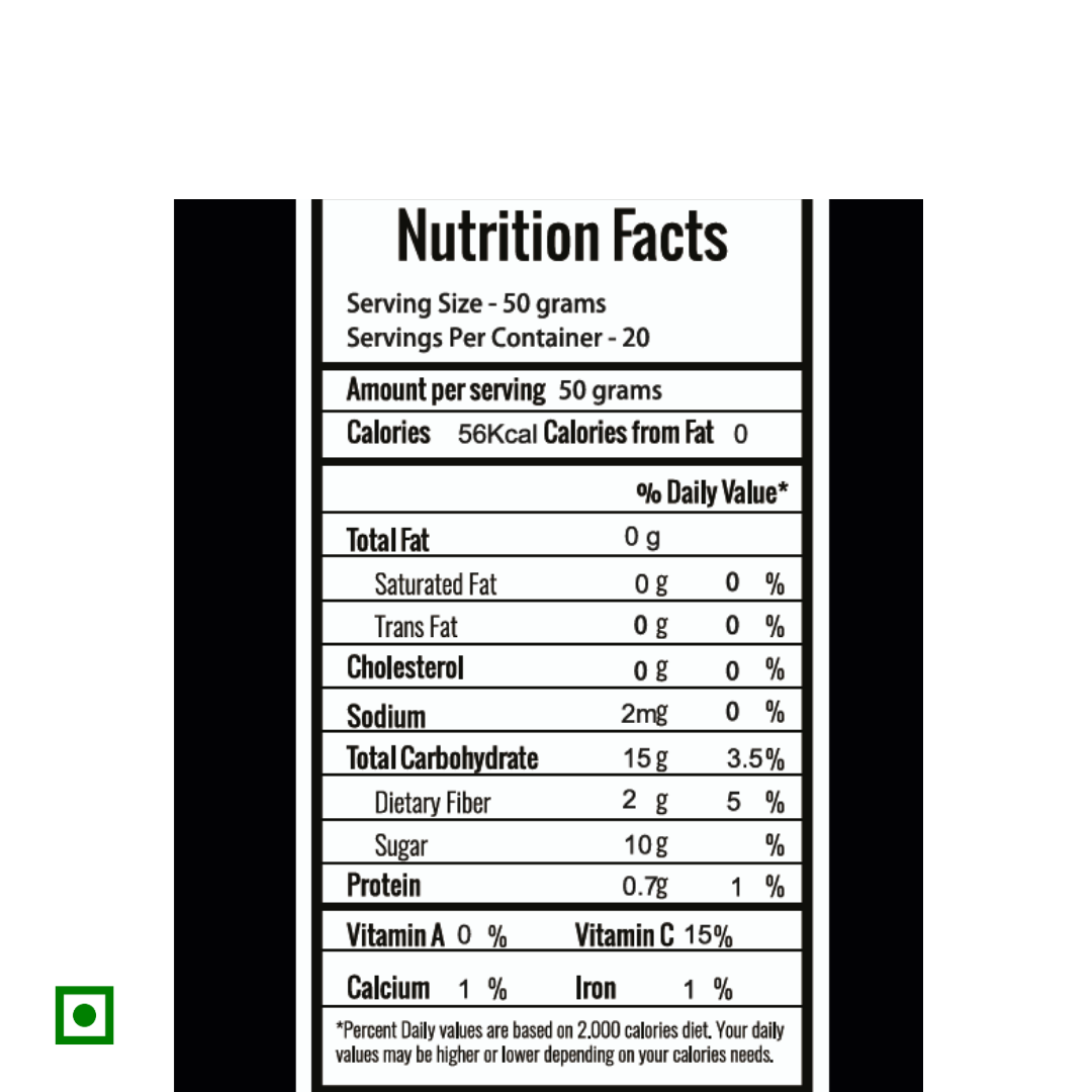 Frut Frozen Blueberries nutrition facts label — 56 kcal per 50g serving, high in Vitamin C and fiber, zero fat or cholesterol