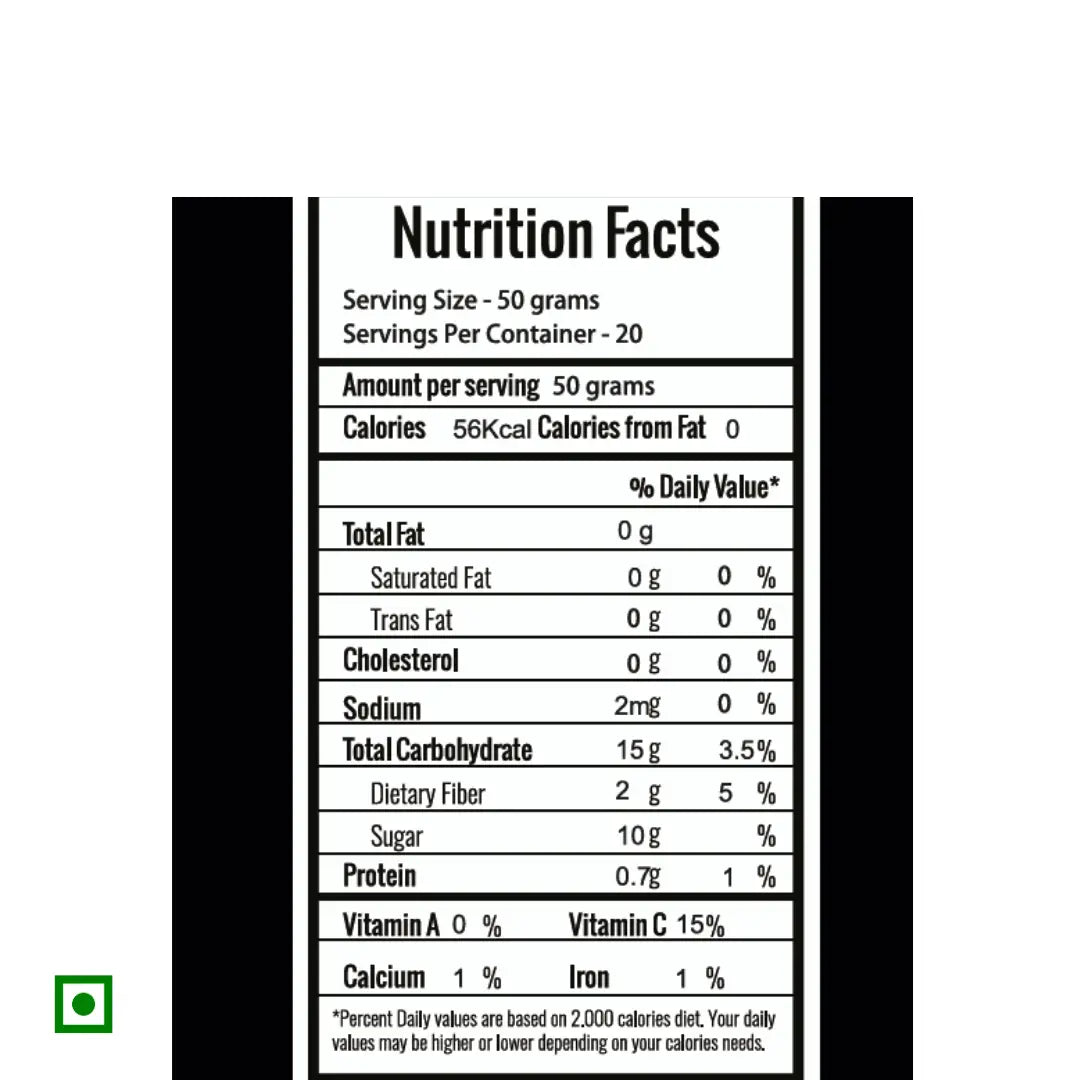 Frut imported iqf Frozen Blueberries nutrition facts label — 56 kcal per 50g serving, high in Vitamin C and fiber, zero fat or cholesterol