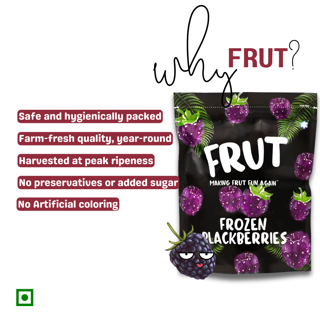 FRUT Frozen Blackberries – why to use FRUT brand frozen berries safe, hygienically packed, no added sugar or artificial color, harvested at peak ripeness.