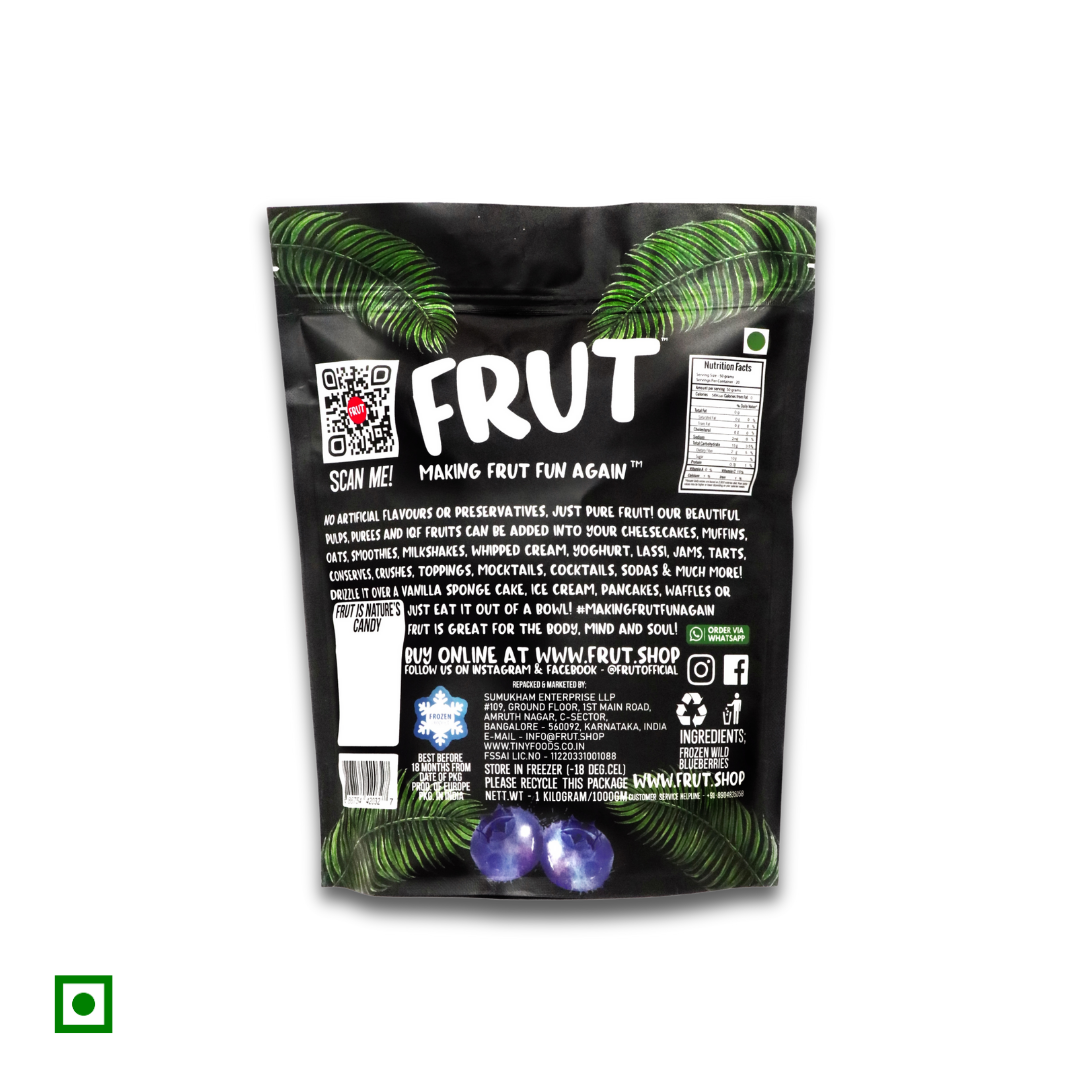 Frut imported Frozen Blueberries back of pack showing nutrition facts, QR code, ingredients, and no preservatives message