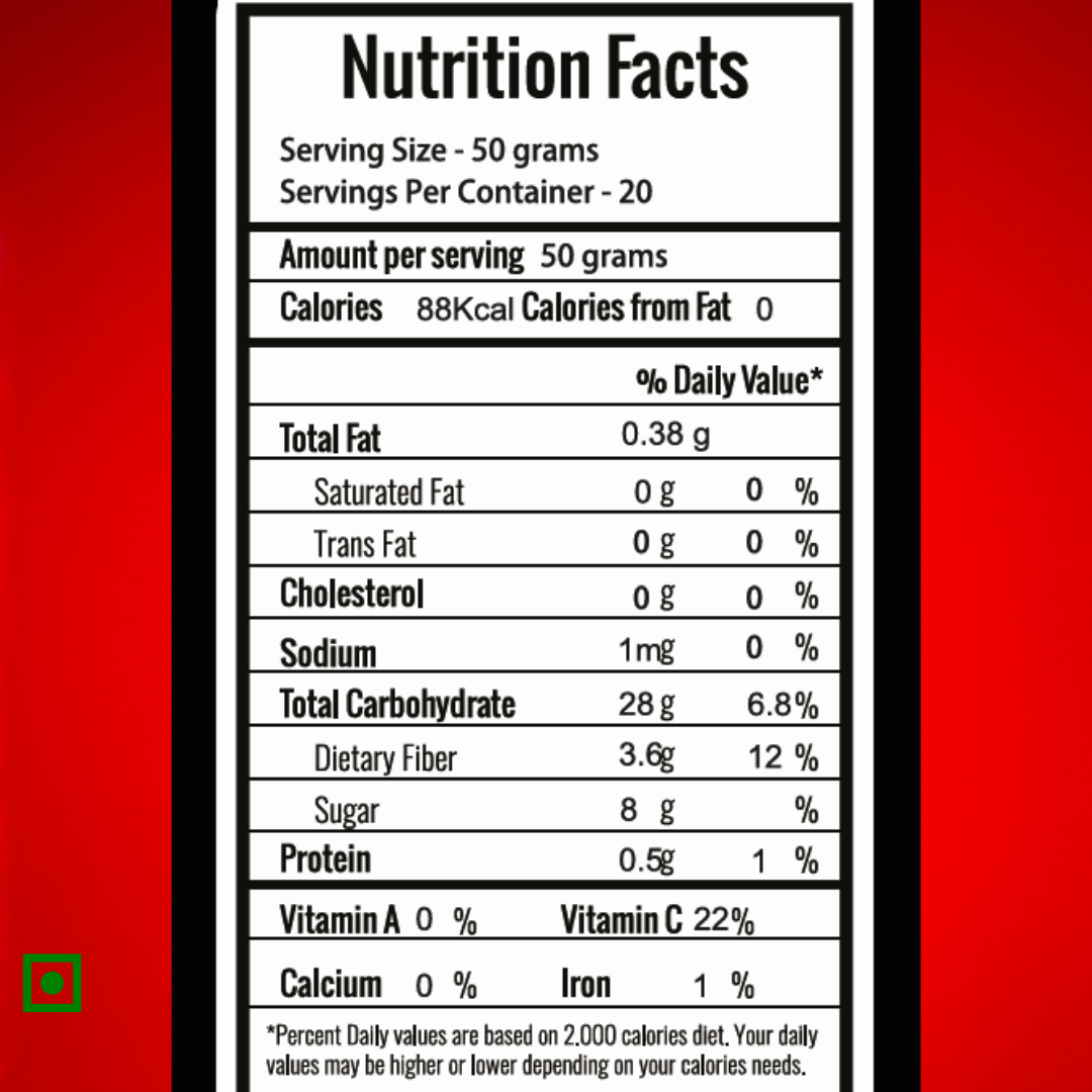 Frut Frozen Cranberries nutrition facts — 88 kcal per 50g, rich in fiber and vitamin C, zero cholesterol, no trans fat or artificial coloring
