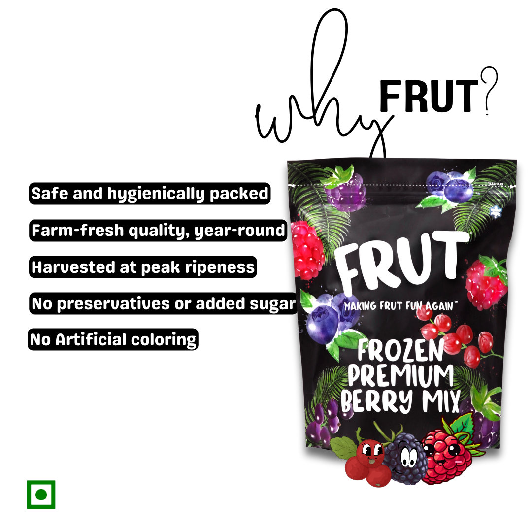 Frut Frozen Berry Mix pack with product benefits listed – no preservatives, safe packed, farm-fresh quality, and farm fresh quality year around
