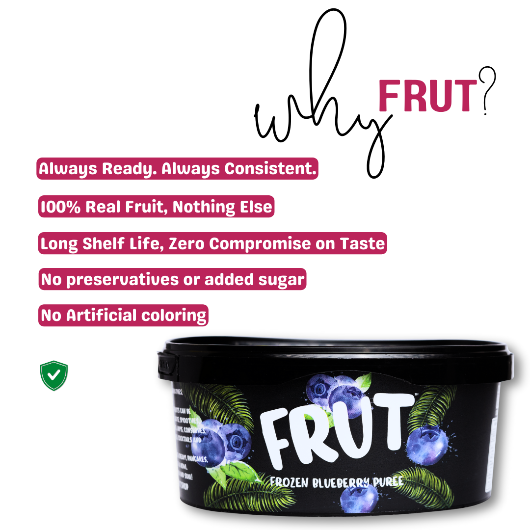 why frut Frozen blueberry Puree 1kg - Always ready, always consistent. 100% real fruit, long shelf life, zero compromsie on taste, no preservatives, no added sugar, and no artificial coloring