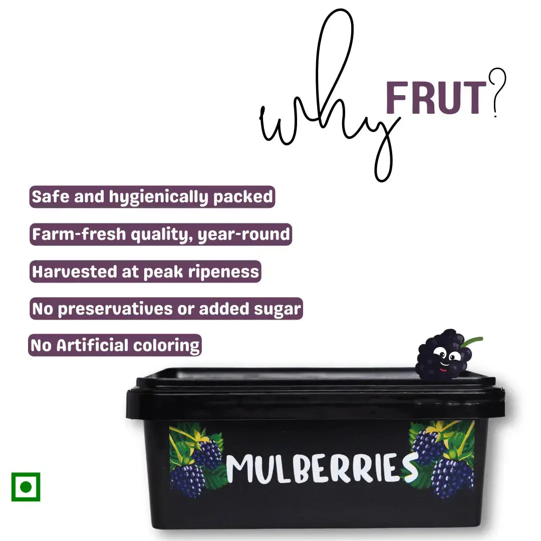 Why choose Frut Frozen Mulberries — safe, hygienically packed, no artificial color, no added sugar, harvested at peak ripeness.