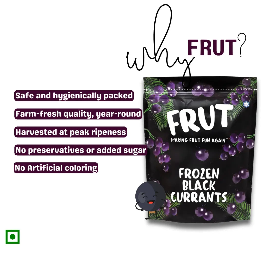 Why choose FRUT Frozen Black Currants — safe, hygienic, preservative-free, farm-fresh, and naturally sweet.