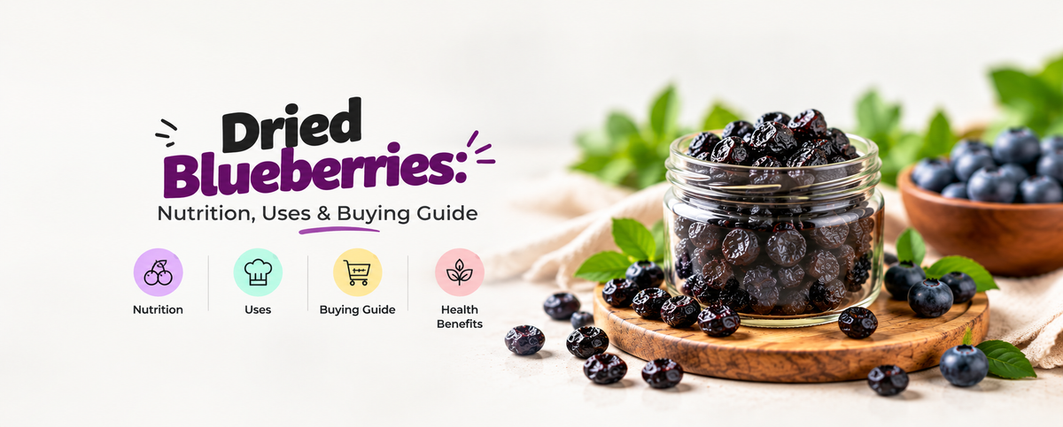 Dried Blueberries: Nutrition health benefits. Dried blueberry in glass jar