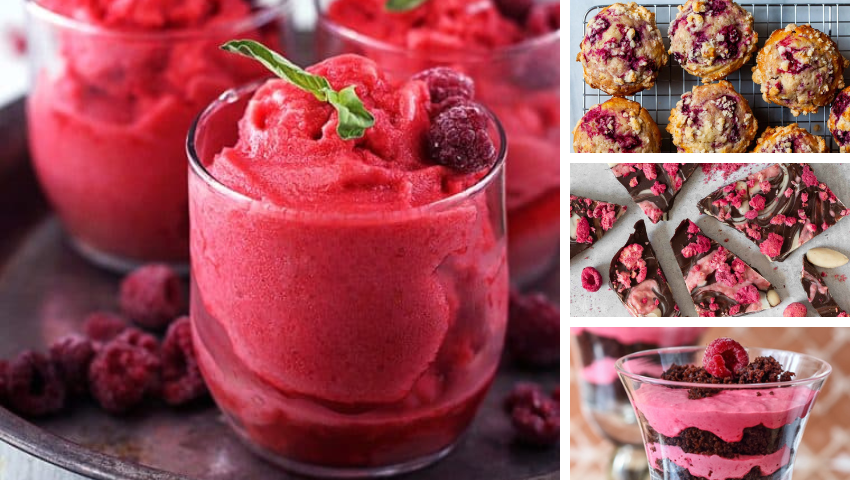 5 Easy and Healthy Frozen Raspberry Recipes in Minutes - Raspberry Sorbet, Raspberry Smoothie Bowl, Raspberry Muffins, Raspberry Chocolate Bark, and Raspberry Parfait