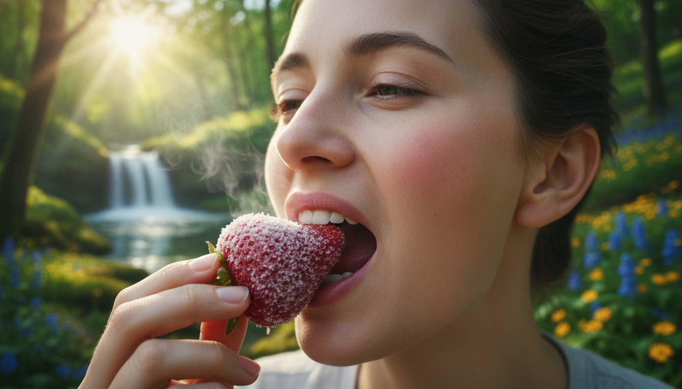 a person or women chewing FRUT frozen strawberry.