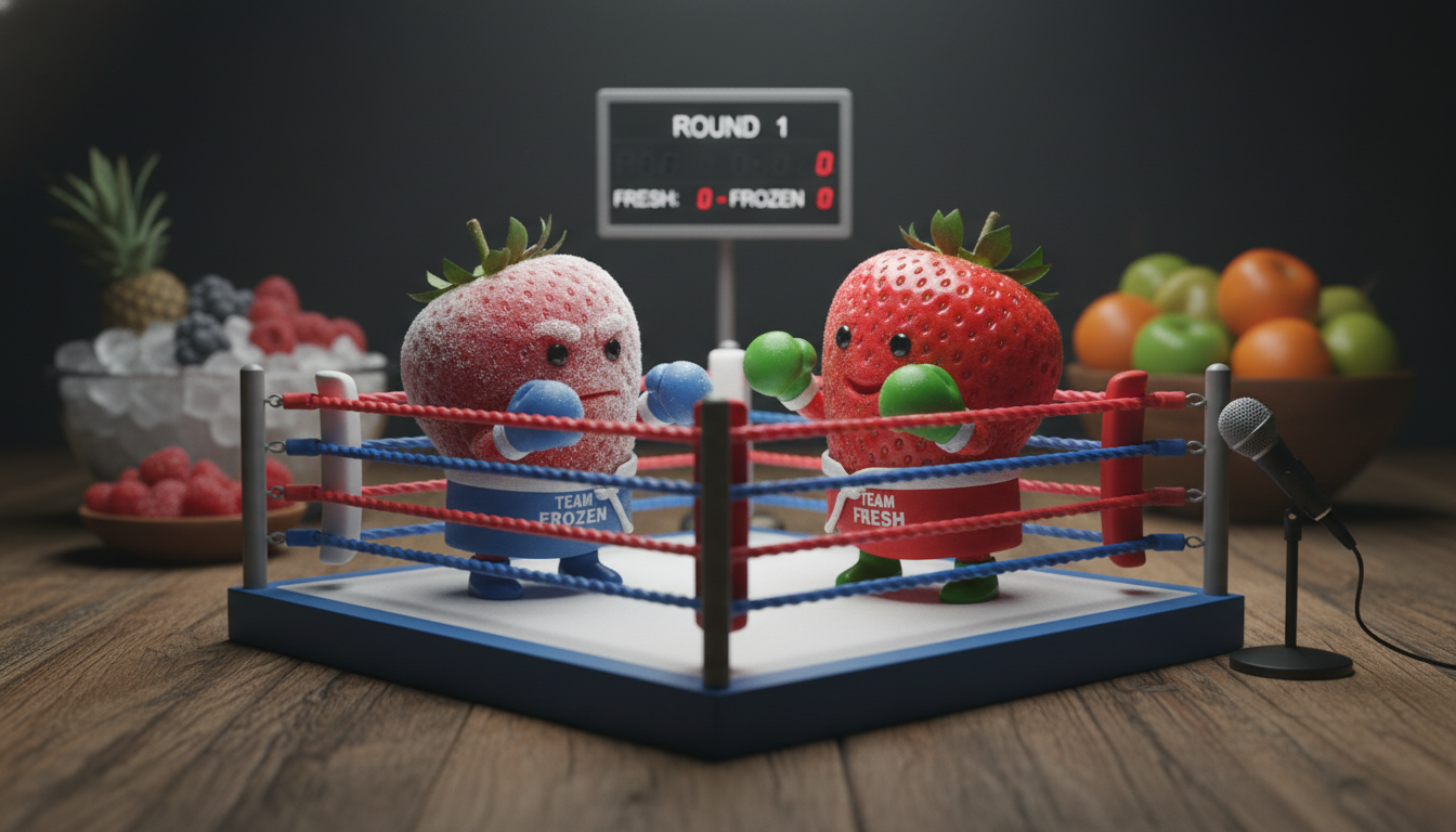 FRUT frozen fruit vs fresh fruit which is better. Frozen and fresh strawberry fight each other two prove who is best