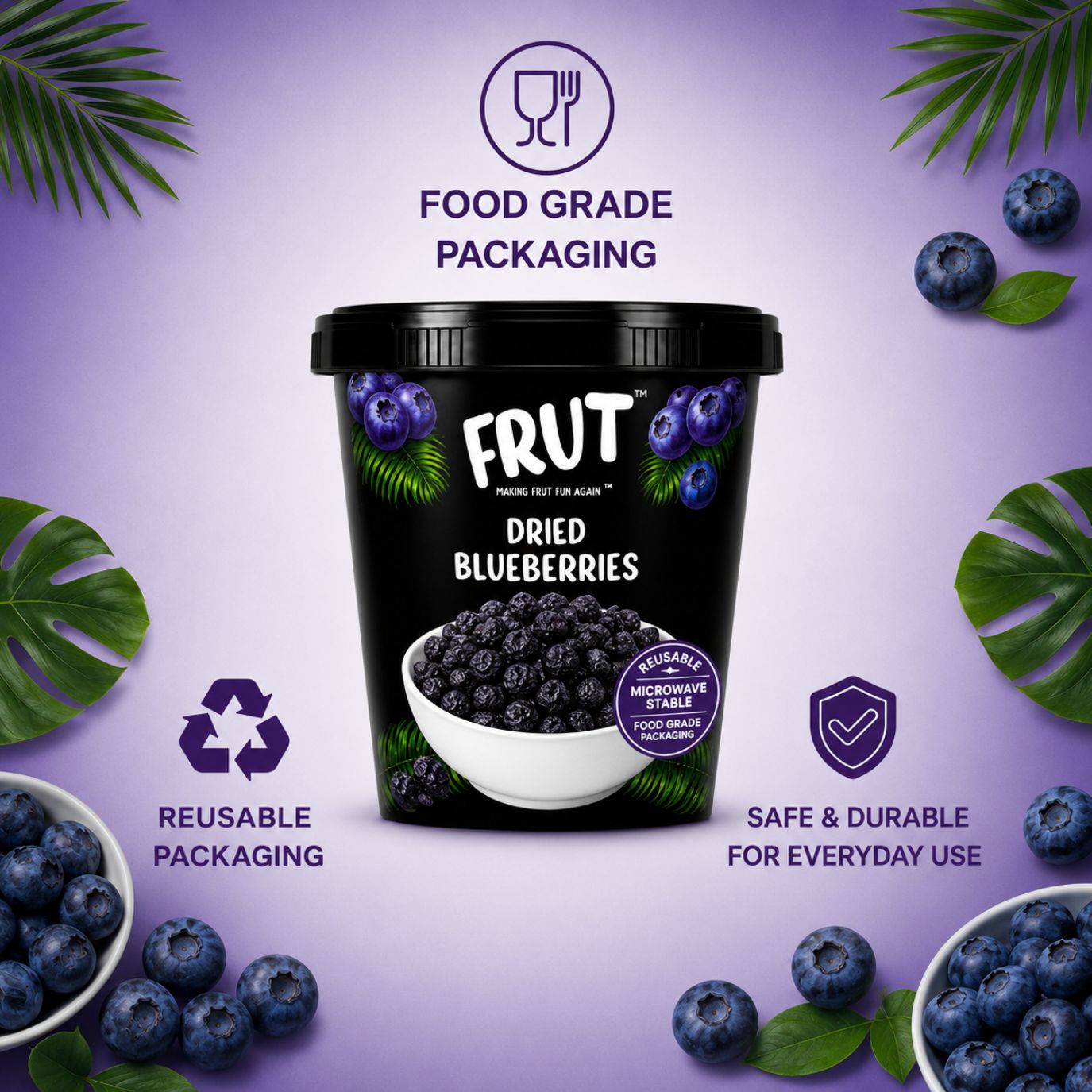 Black container of dried blueberries with branding and product features on a purple background