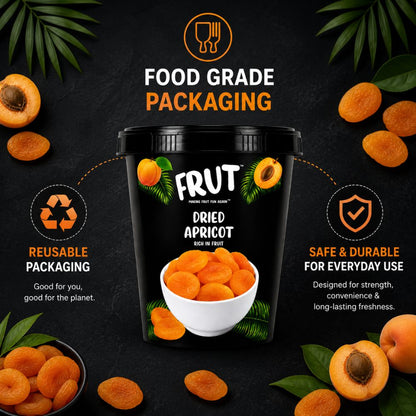 Frut dried apricot is packed in reusable black bucket-style container of FRUT dried apricot packaging. 