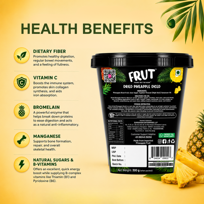 Health benefits of dried pineapple dices.  Pineapple are rich in fibre, vitamin c, manganese and bromelain