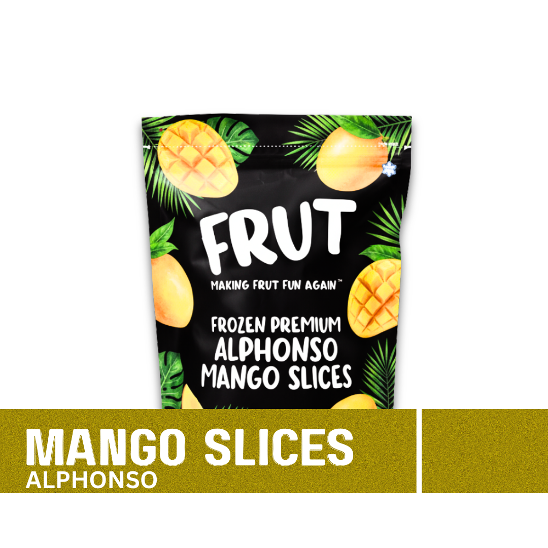 Packaging of FRUT frozen premium Alphonso mango slices on a white background