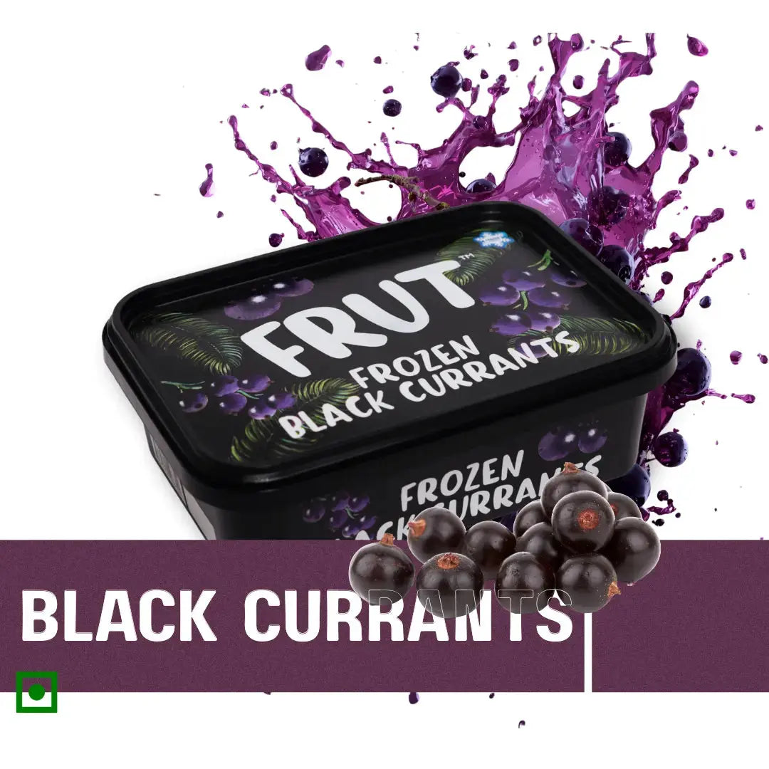 FRUT Frozen Black Currants with berry splash background — vibrant, antioxidant-rich frozen fruit for smoothies, ice creams, and healthy snacking. front creative image