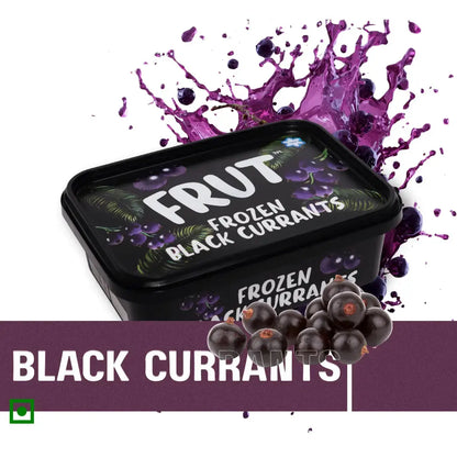 FRUT Frozen Black Currants with berry splash background — vibrant, antioxidant-rich frozen fruit for smoothies, ice creams, and healthy snacking. front creative image