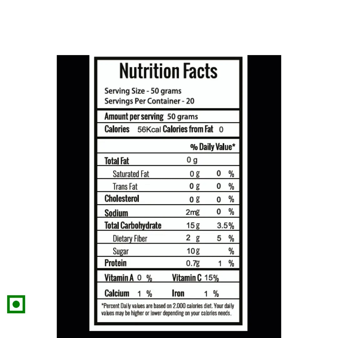 Frut black berry 200g Nutrition facts label with black border on a white background