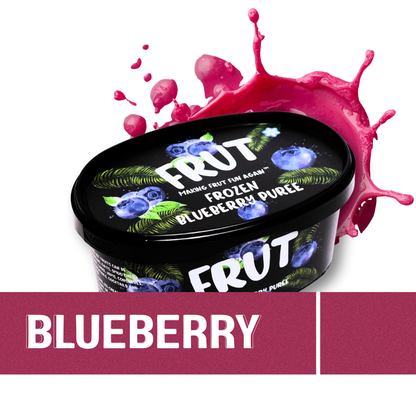 Frut Frozen Blueberry Puree 1kg - 100% Real Fruit, Baby Food & No Added Sugar - front image with creative of blueberry splash