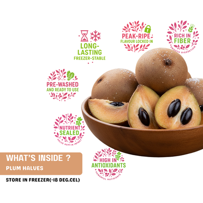 Wooden bowl with chickoo halves and health benefits text on a white background rich in fiber, peak ripe falvour locked in, no prep, no waste, silky smooth consistency, and nutrient sealed.