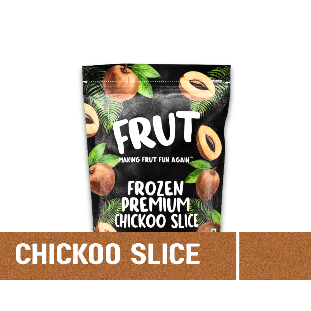 Packaging of FRUT Frozen Premium Chickoo Slice in a black pouch on a white background