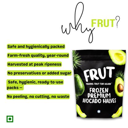 Promotional graphic for FRUT avocado halves packaging with text highlighting benefits.  Always ready, always consistent. 100% real fruit, long shelf life, zero compromise on taste, no preservatives, no added sugar, and no artificial colouring