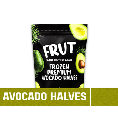 Packaging of FRUT frozen premium avocado halves on a white background with the name on the front